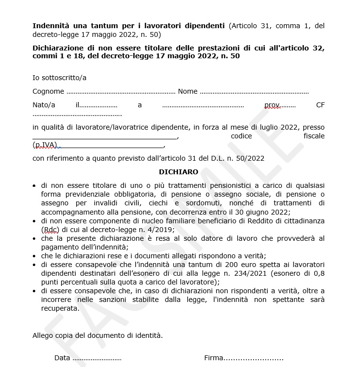 Bonus 200 euro ecco il modulo di autocertificazione da compilare