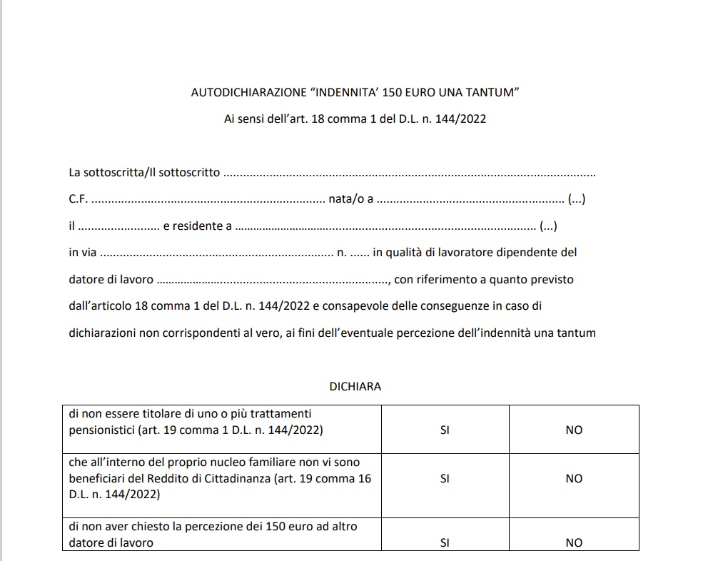 autodichiarazione 150 euro modello