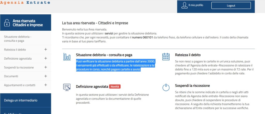 situazione debitoria - debito con Agenzia entrate