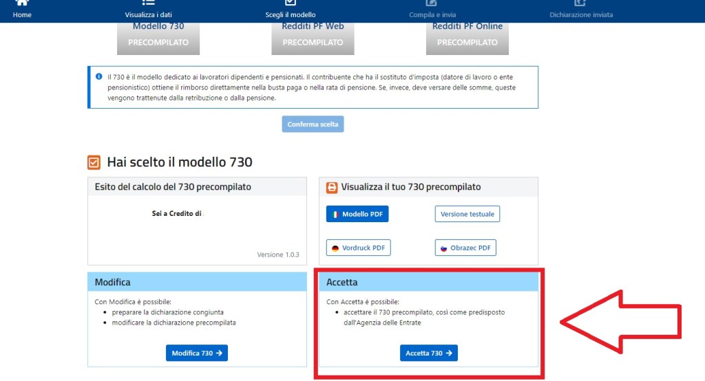 730 precompilato accetta e invia