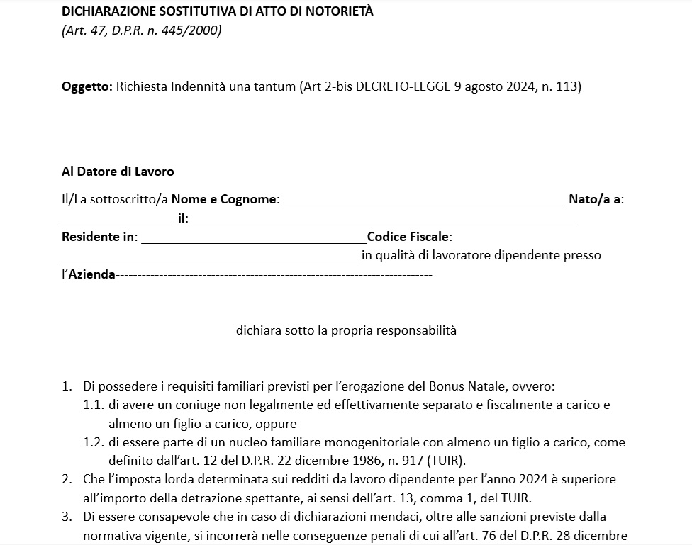 Bonus natale 2024, serve l'Autodichiarazione: dati da inserire e Fac